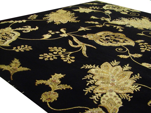 Traditional & Oriental Rugs Silk Flower Paisley 19745 Black - Charcoal & Lt. Gold - Gold Hand Knotted Rug