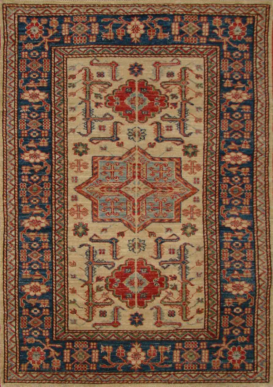 Antique Style Rugs SUPER KAZAK 19996 Ivory - Beige & Medium Blue - Navy Hand Knotted Rug