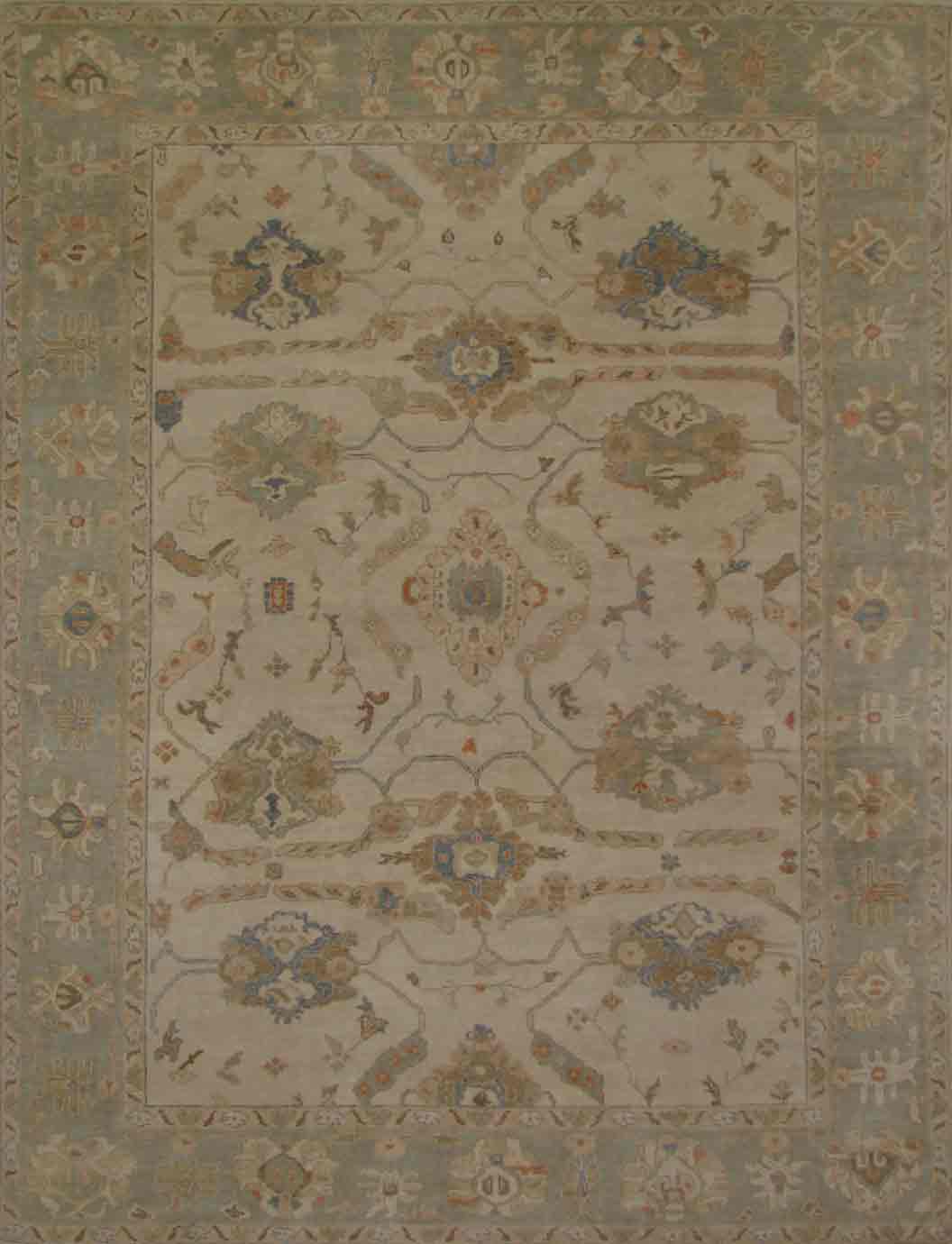 Oushak Rugs F.T.KNOT 20352 Ivory - Beige & Aqua - Lt. Green Hand Knotted Rug