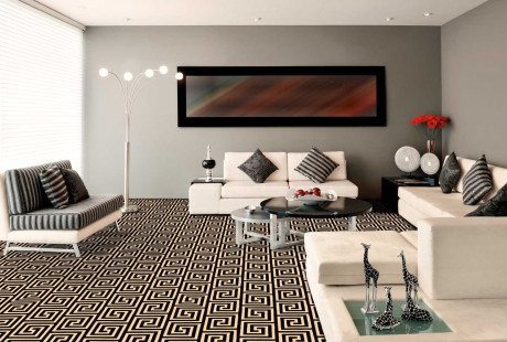 Custom Rugs, Runners & Rounds Mediterranean MEDITERRANEAN LABYRINTH LABYR NYX-B Black - Charcoal & Ivory - Beige Machine Made Rug