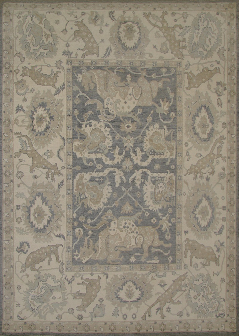 Oushak Rugs Turk-2 19693 Medium Blue - Navy & Ivory - Beige Hand Knotted Rug