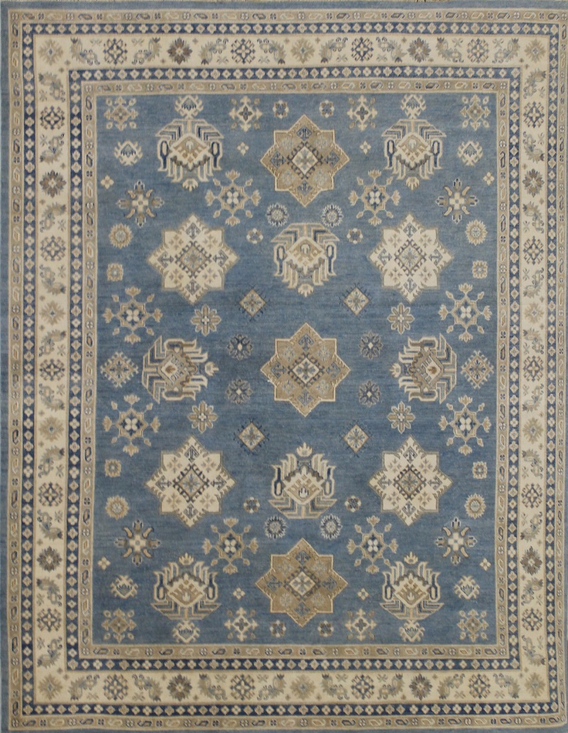 Traditional & Oriental Rugs Kazak 022571 Lt. Blue - Blue & Ivory - Beige Hand Knotted Rug