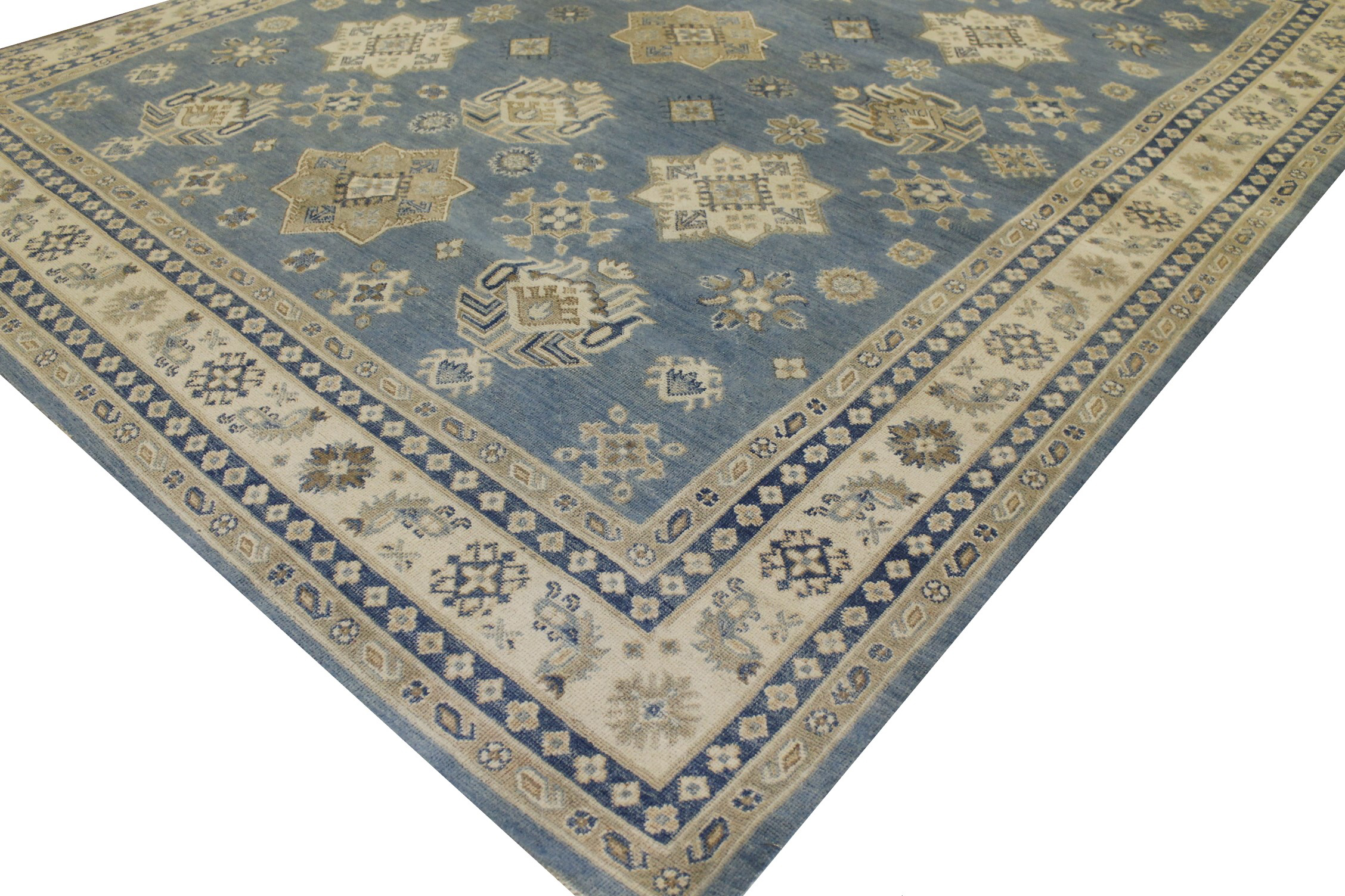 Traditional & Oriental Rugs Kazak 022571 Lt. Blue - Blue & Ivory - Beige Hand Knotted Rug