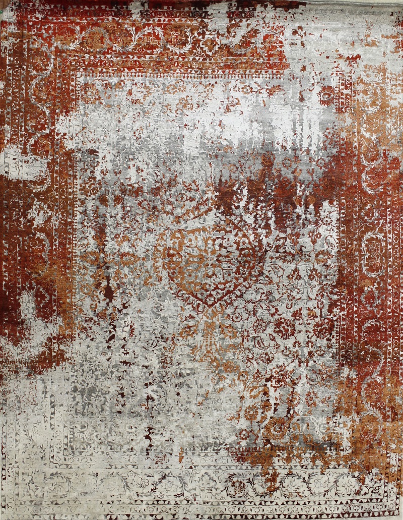 Contemporary Rugs & Transitional Rugs Fine Splash 022459 Ivory - Beige & Red - Burgundy Hand Knotted Rug