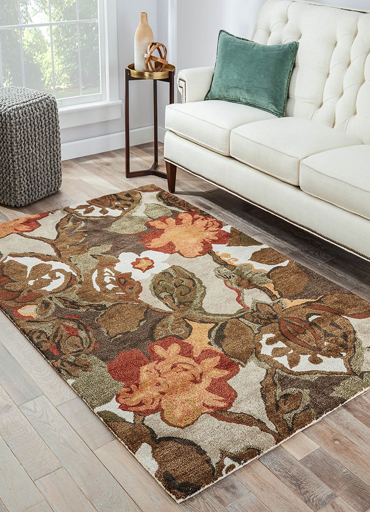 Transitional & Casual Rugs Blue BL12-Petal Pusher (S) Lt. Brown - Chocolate & Rust - Orange Hand Tufted Rug