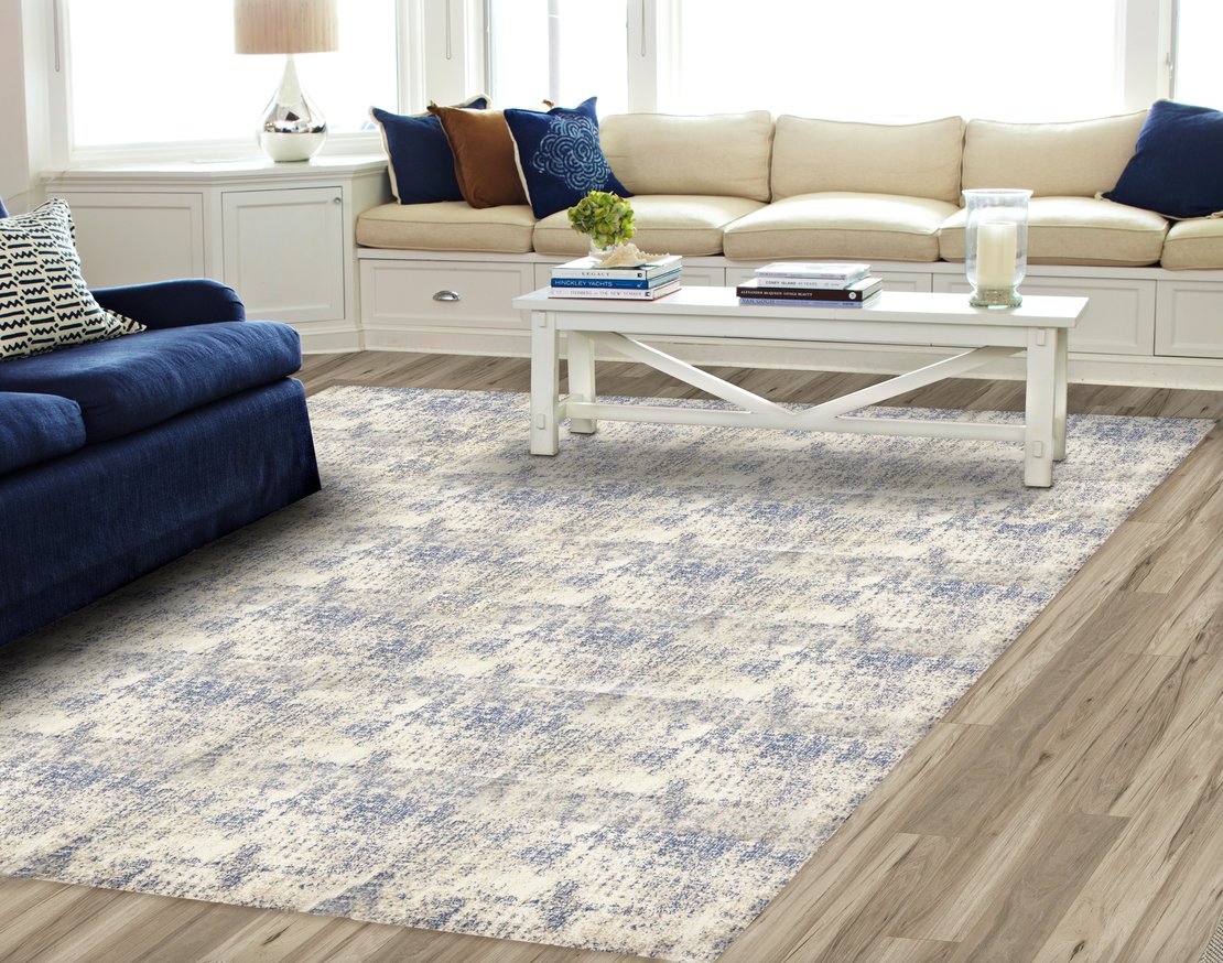 Custom & Wall to Wall Magical Beach Lt. Blue - Blue & Ivory - Beige Machine Made Rug