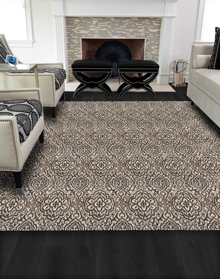 Custom & Wall to Wall Vivaldi Marble Black - Charcoal & Ivory - Beige Machine Made Rug