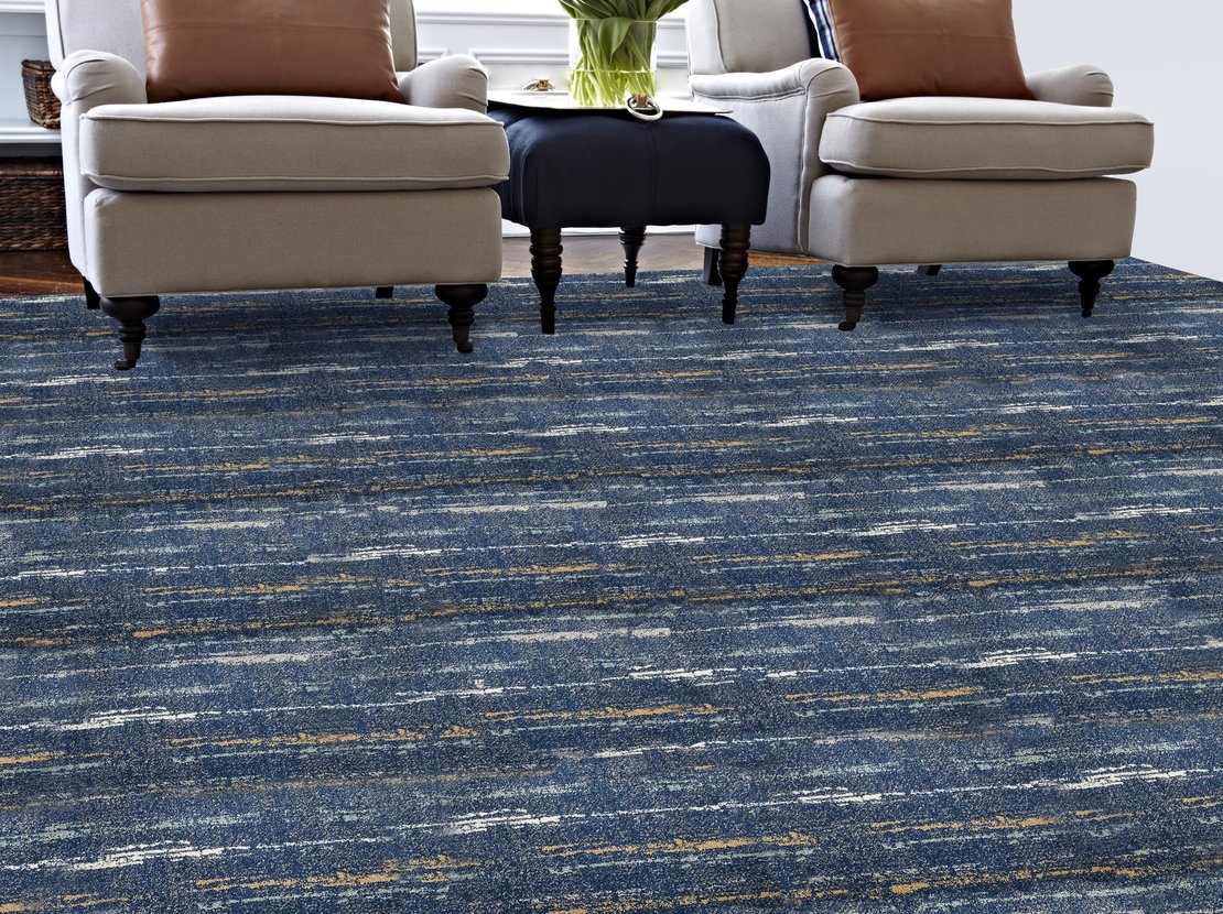 Custom & Wall to Wall Ruminations Golden Lt. Gold - Gold & Medium Blue - Navy Machine Made Rug