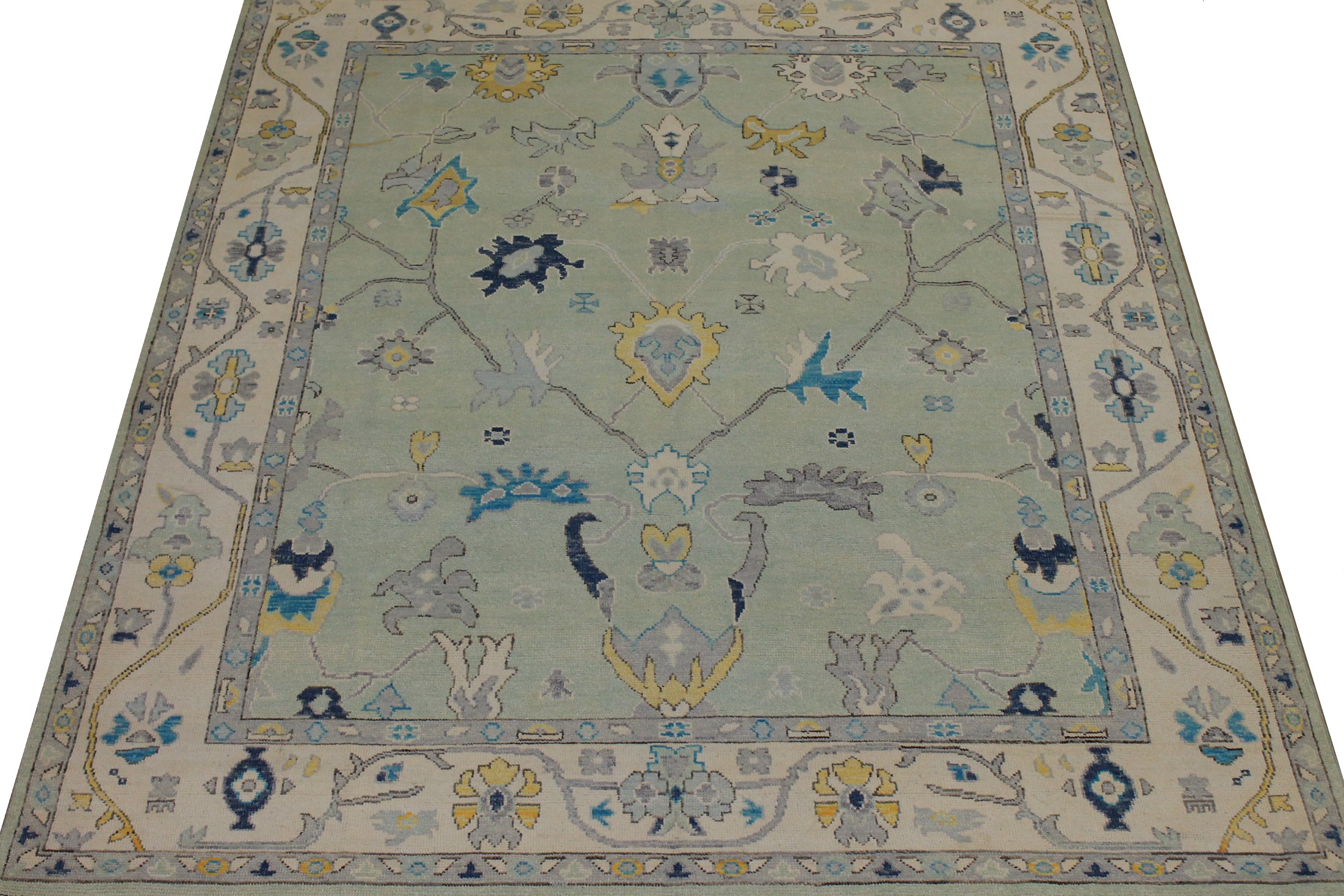 Oushak Rugs Fine Nizam 024436 Aqua - Lt.Green & Ivory - Beige Hand Knotted Rug