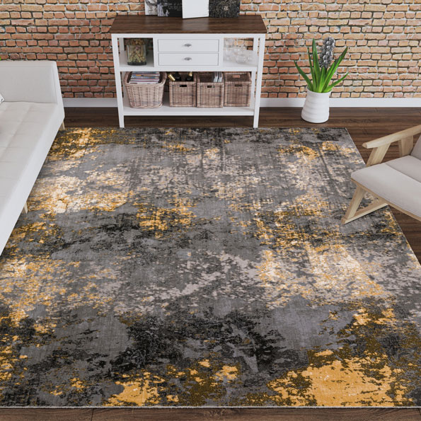 Contemporary & Modern Rugs Cascina Collection CC9 Fossil Black - Charcoal & Lt. Gold - Gold Machine Made Rug