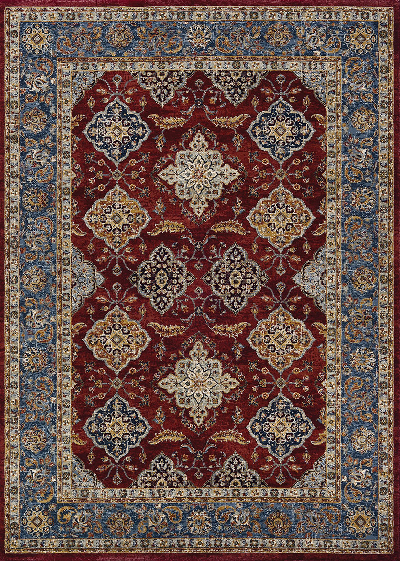 Traditional & Oriental Rugs Monarch Yamut JE57/1454 Bordeaux Red - Burgundy & Lt. Blue - Blue Machine Made Rug