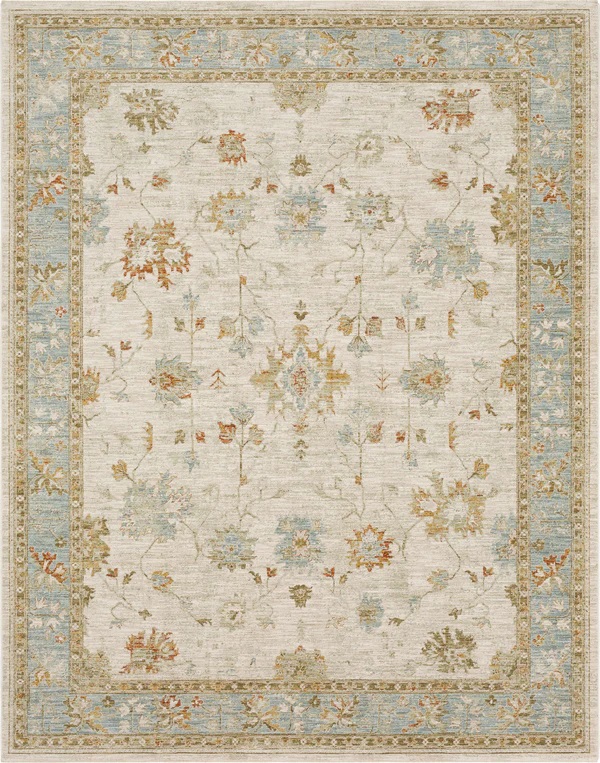 Oushak Rugs Adalia Iznik Cream Ivory - Beige & Lt. Blue - Blue Machine Made Rug