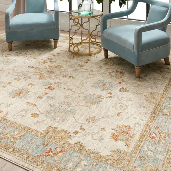 Oushak Rugs Adalia Iznik Cream Ivory - Beige & Lt. Blue - Blue Machine Made Rug