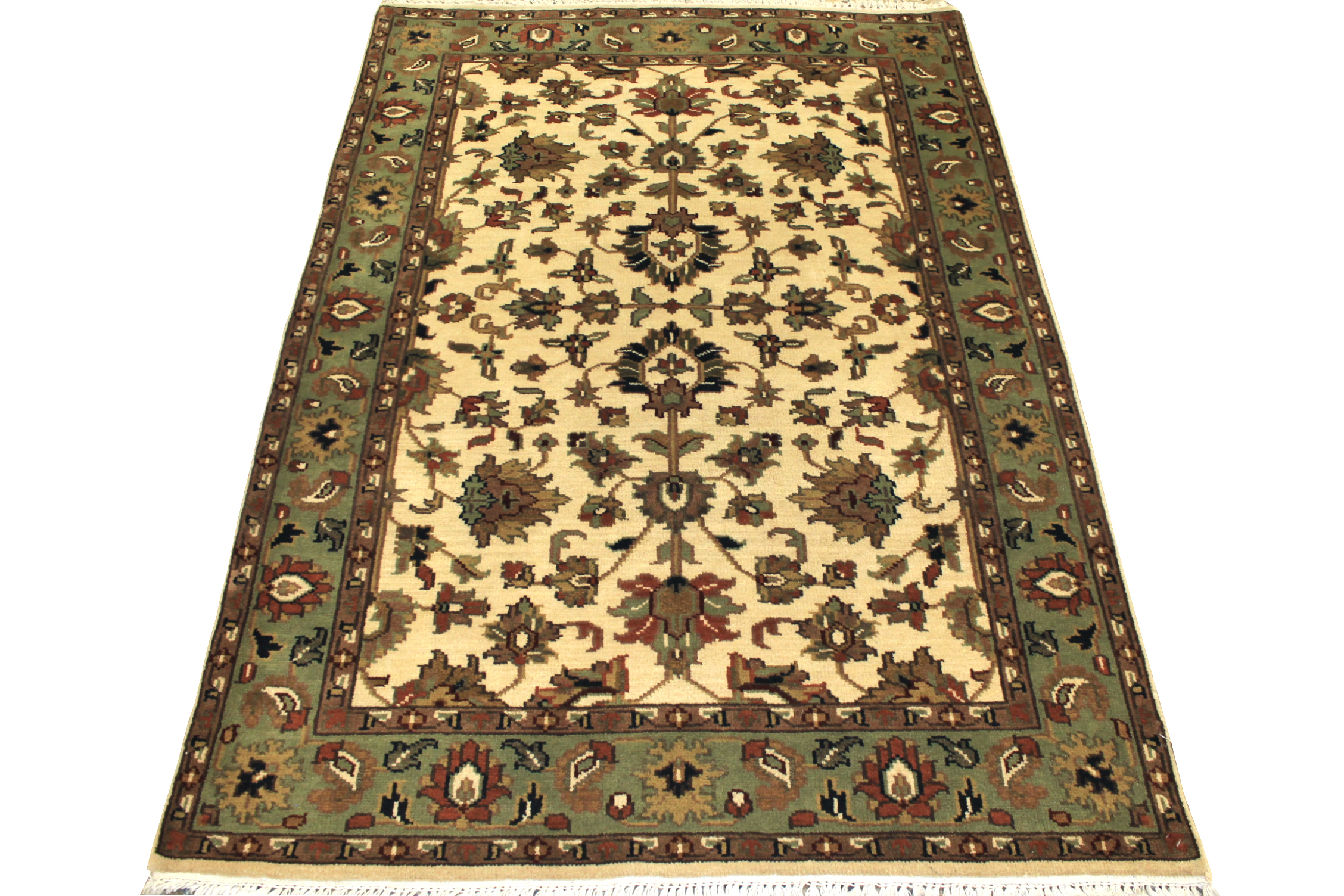 Clearance & Discount Rugs Traditional Hand Knotted Wool Rug 7524 Ivory - Beige & Green Hand Knotted Rug