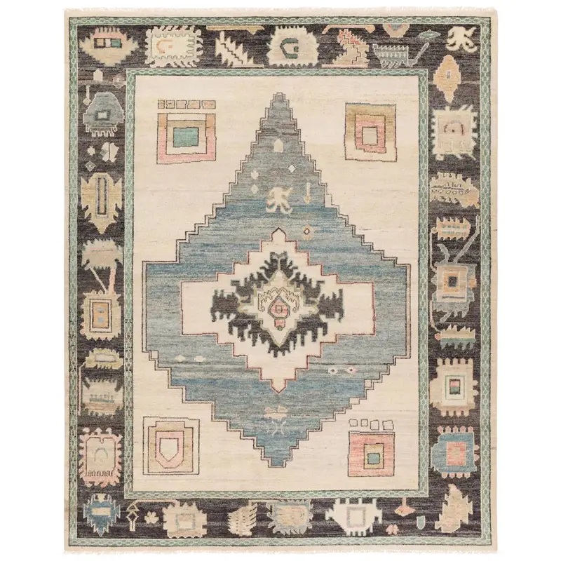 Traditional & Oriental Rugs Reza REZ06 Ivory - Beige & Medium Blue - Navy Hand Knotted Rug