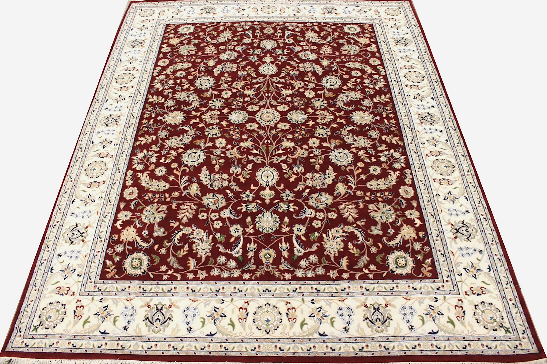 Traditional & Oriental Rugs Indian Nain 29417 Red - Burgundy & Ivory - Beige Hand Knotted Rug