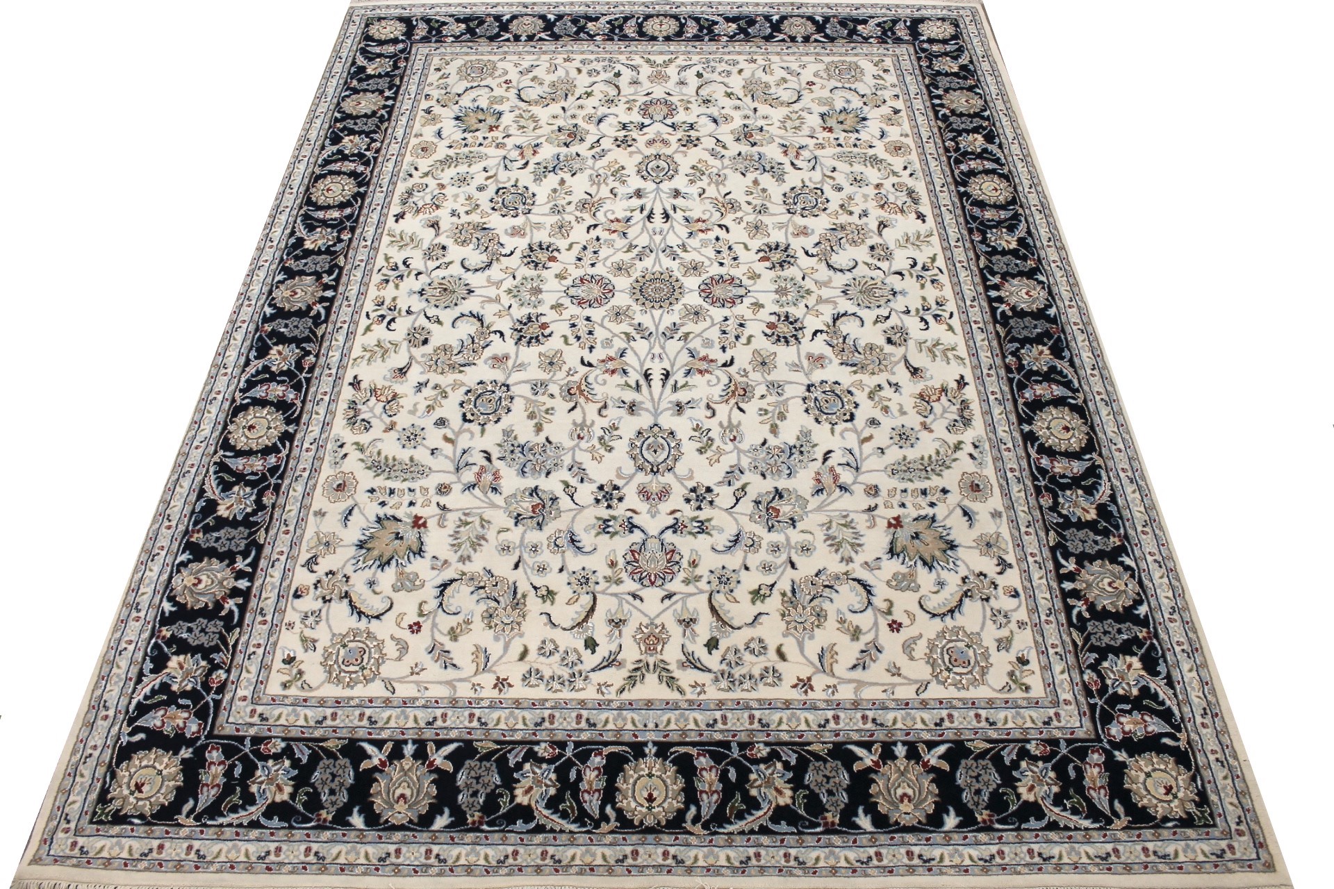Traditional & Oriental Rugs Indian Nain 29414 Ivory - Beige & Medium Blue - Navy Hand Knotted Rug
