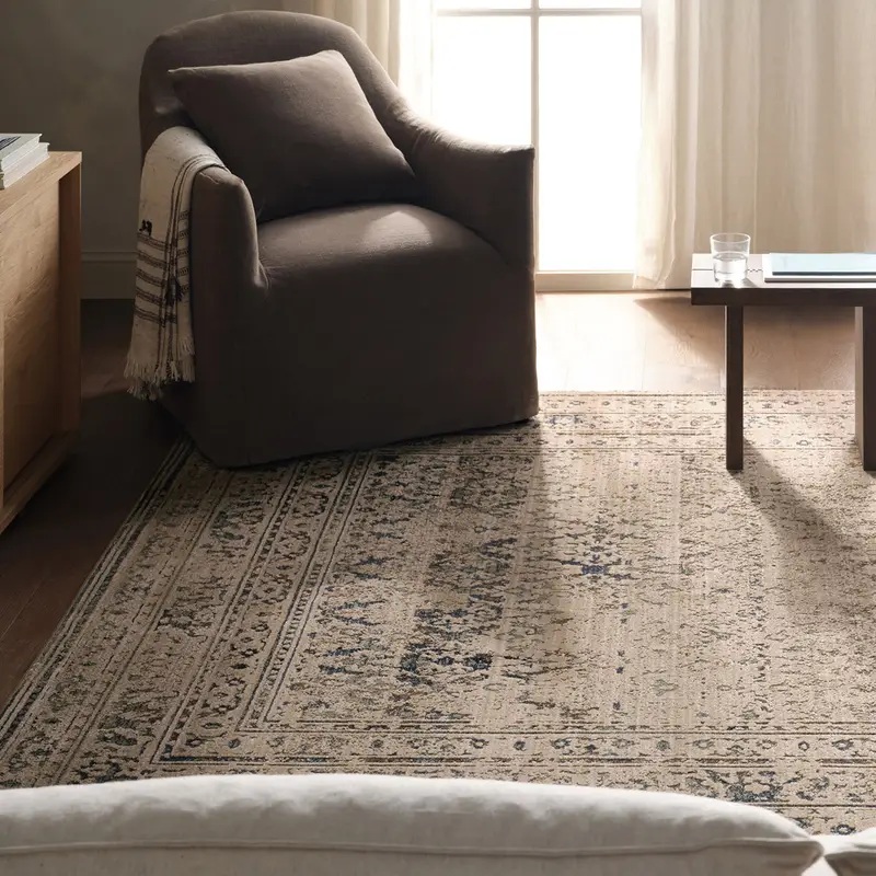 Antique Style Rugs Patterned Silence PSE06 Camel - Taupe & Medium Blue - Navy Hand Knotted Rug