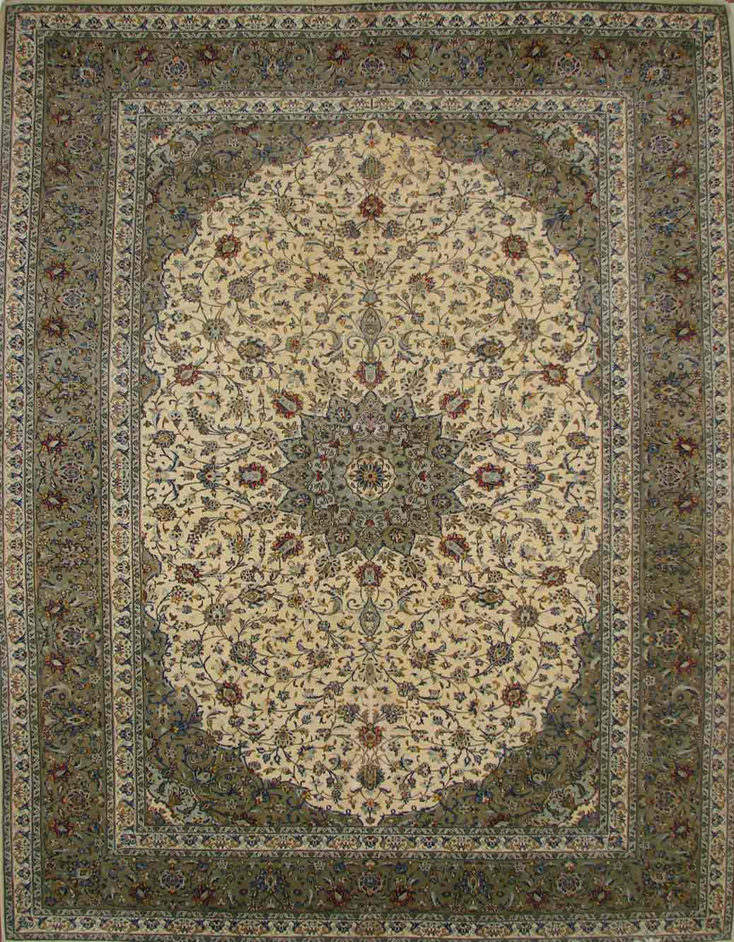 Antique Style Rugs KASHAN 62913 Ivory - Beige & Lt. Green Hand Knotted Rug