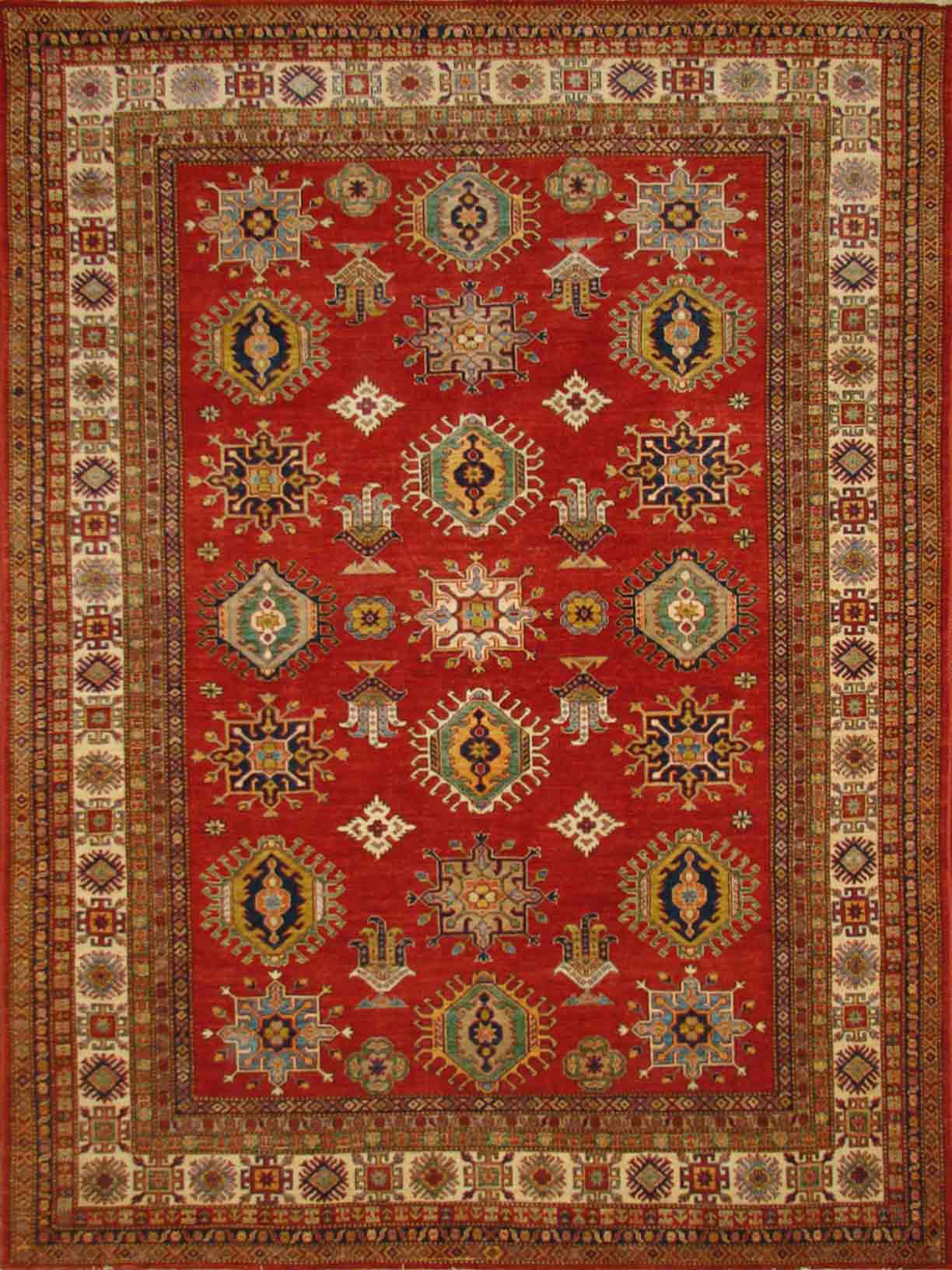 Persian & Antique Reproduction Rugs SUPER KAZAK 18428 Red - Burgundy & Ivory - Beige Hand Knotted Rug