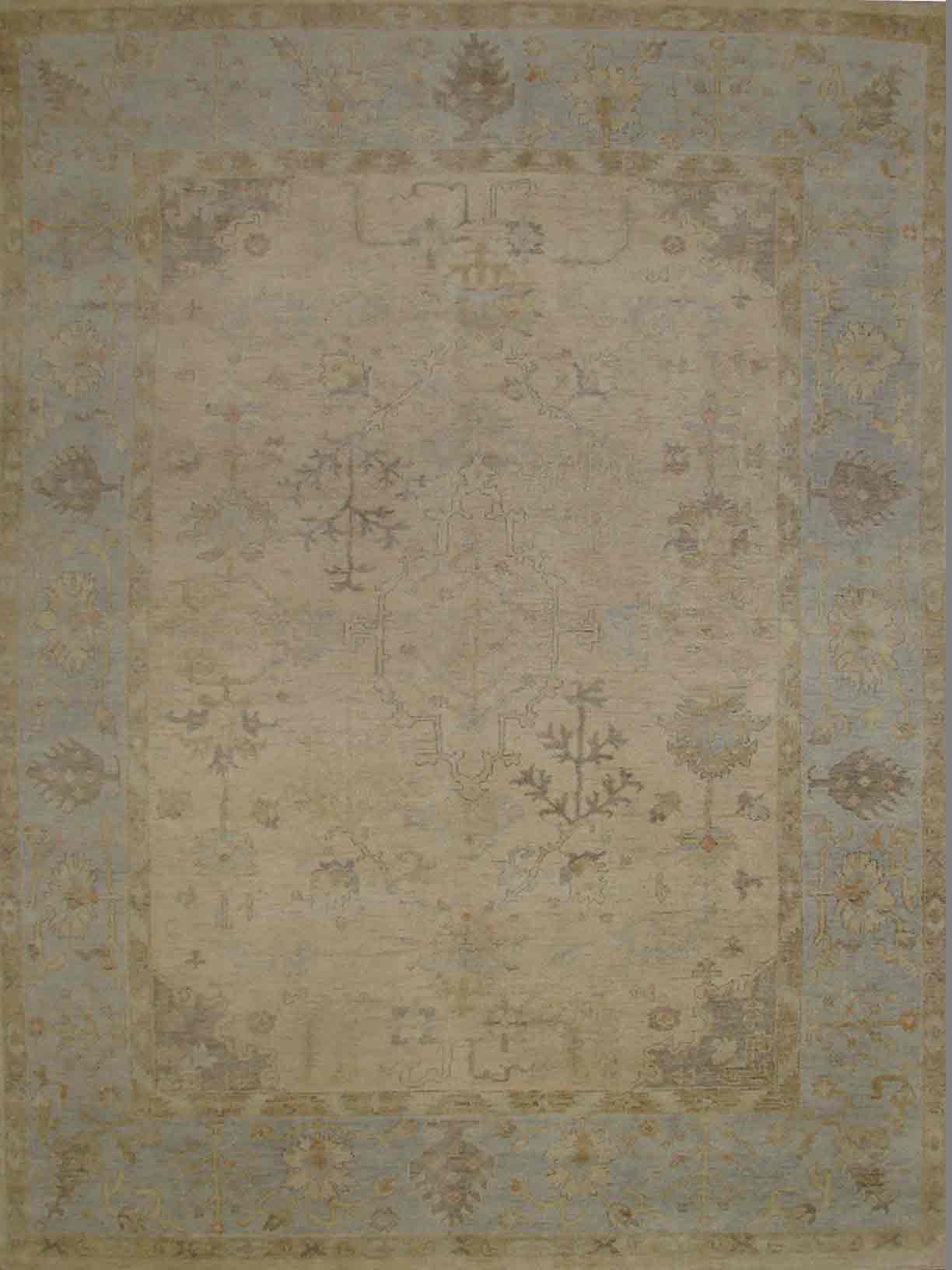 Oushak Rugs F.T.KNOT 18791 Ivory - Beige & Lt. Blue - Blue Hand Knotted Rug